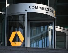 The bank's name is displayed at the entrance to the Commerzbank Tower. Photo: Michael Brandt/dpa