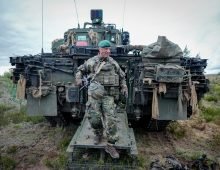 Christoph Huber, brigadier general in the German Army and commander of Panzer Brigade 45 in Lithuania, exits a Puma infantry fighting vehicle at the start of the "Freedom Shield 2026" exercise. The large unit's first brigade combat exercise involves 2,900 soldiers from eight nations and 800 vehicles. Photo: Kay Nietfeld/dpa