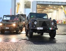 Italian soldiers arrive with equipment and vehicles as The North Atlantic Treaty Organization (NATO) launches "Steadfast Dart," its largest multinational exercise of the year. Photo: Lars Penning/dpa